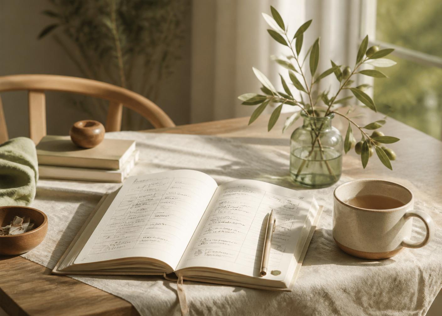 The Grace-Filled Family System — an open planner with olive branches and morning light