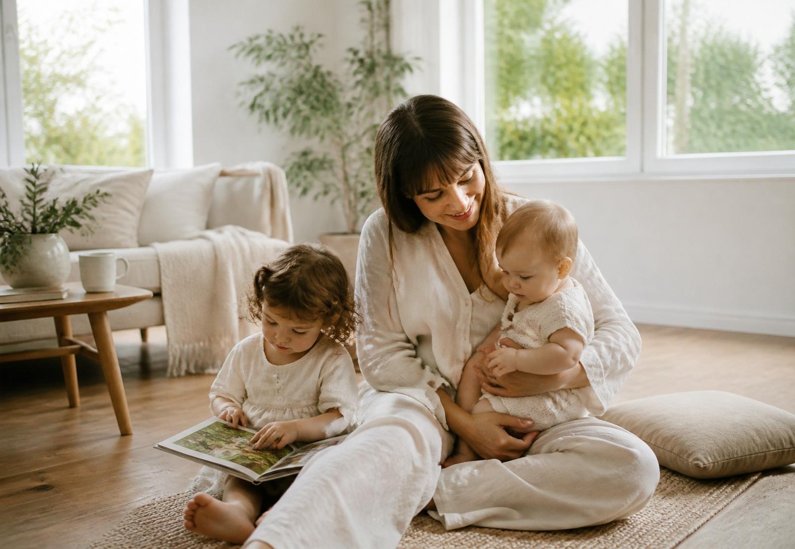 A peaceful mother reading with her children in a bright, calm home